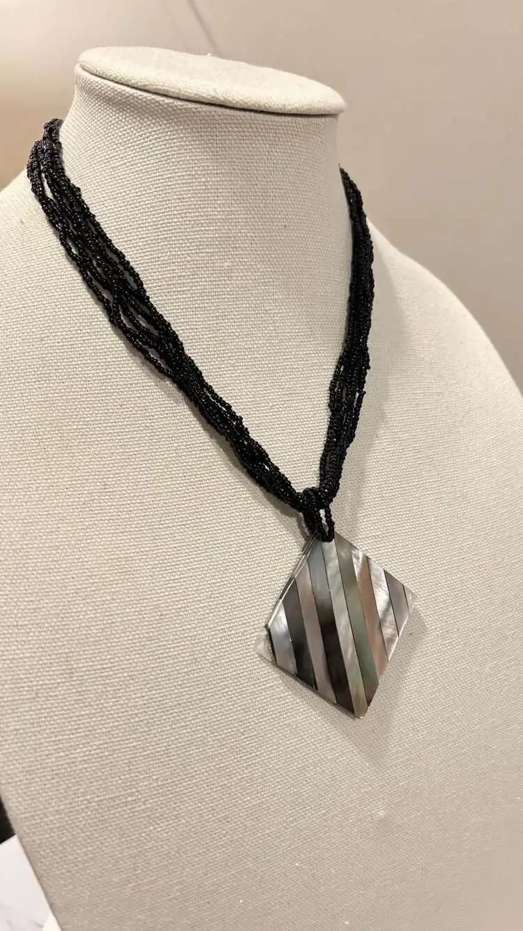 Vintage Multi-Strand Black Seed Necklace Inlaid Mother of Pearl